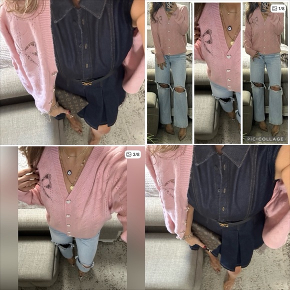 New🩷 Blush Pink Bow Detail Heart Button Cardigan - Picture 2 of 10